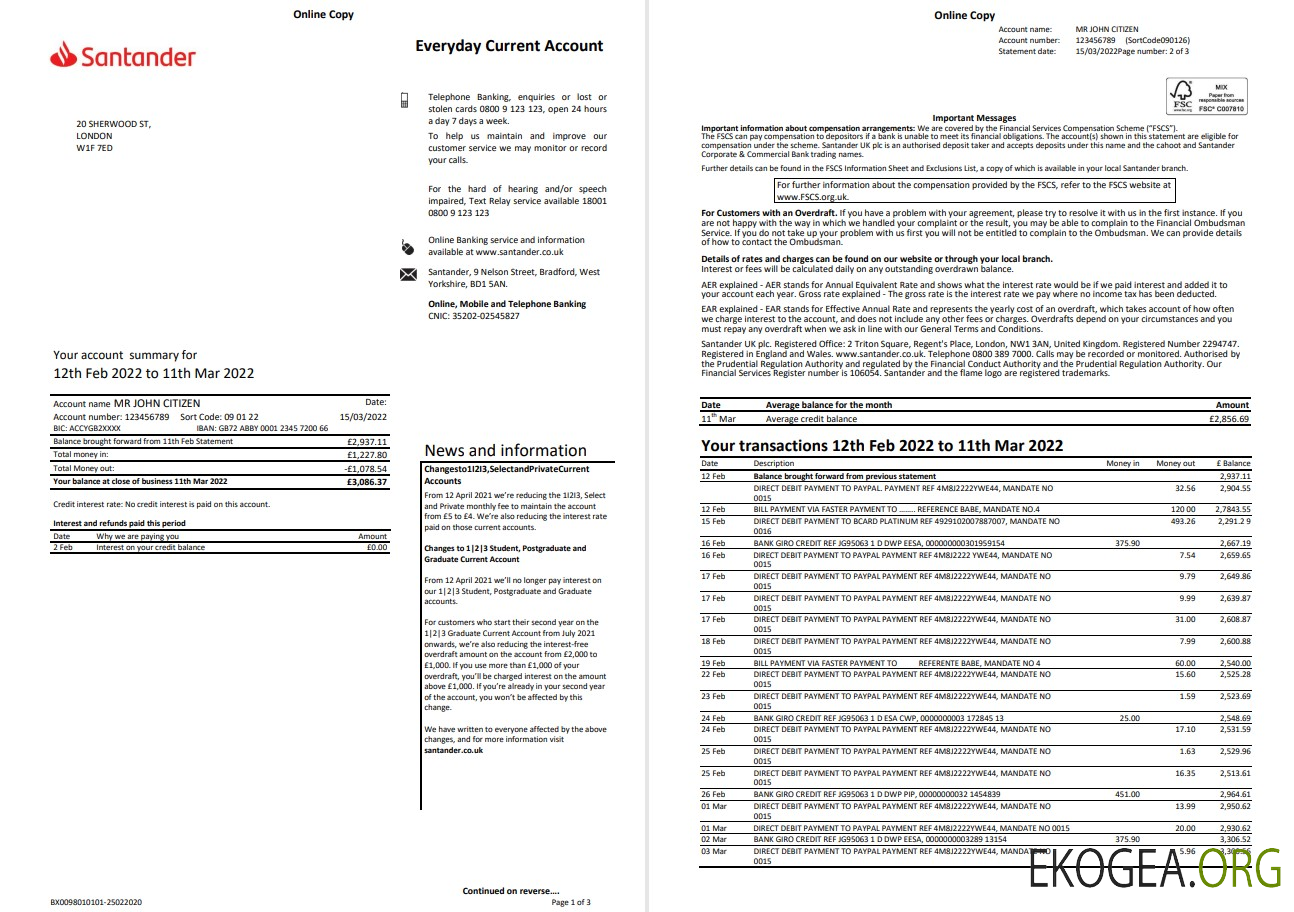 Modèle Word et PDF de relevé bancaire de Santander au Royaume Uni, 3 pages, version 2